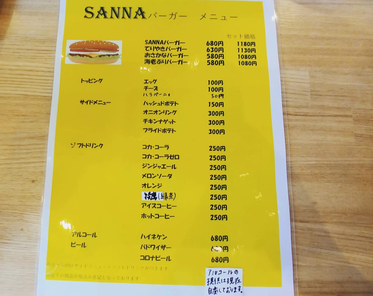 ｢SANNA BURGER｣の仮メニュー表